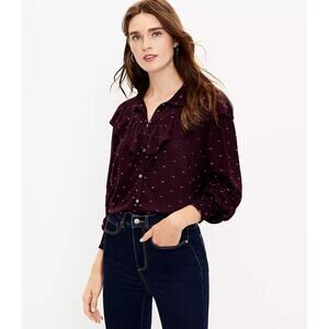 Loft Clip Dot Ruffle Yoke Blouse Women Size Medium Purple Textured Rayon Shirt